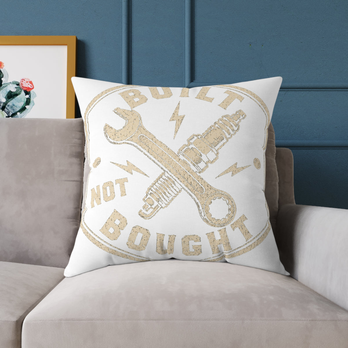 Built Not Bought Square Pillow Milo Bailey Dog Dad Mom— Mechanic Wrench & Spark Plug Decor
