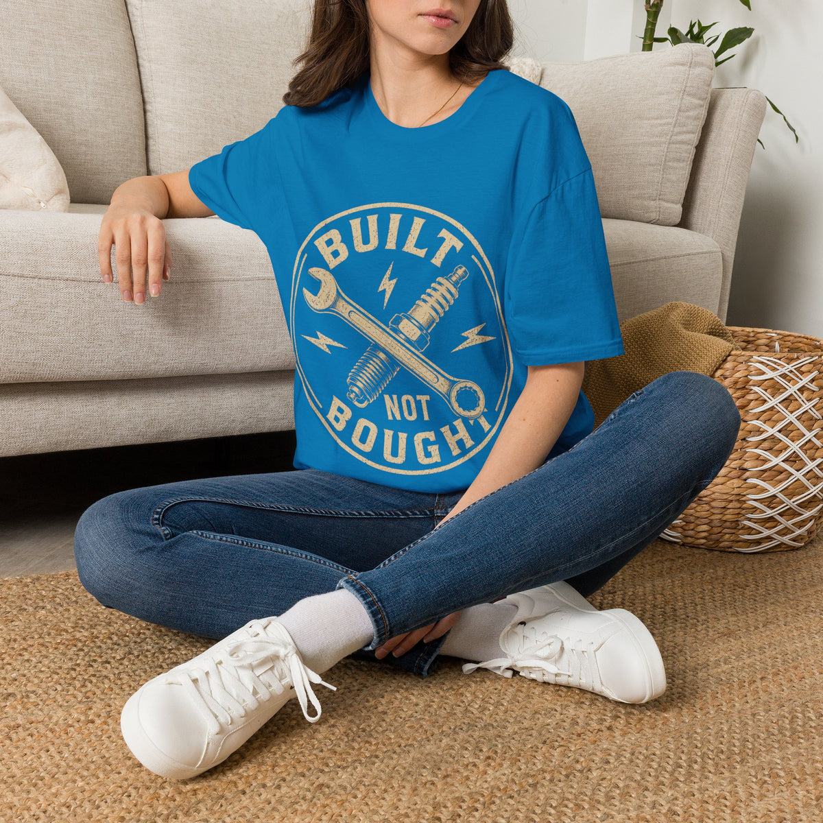 Built Not Bought T-Shirt — Vintage Mechanic Wrench & Spark Plug Design