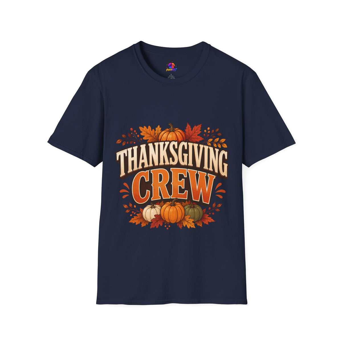 Thanksgiving T-Shirt Crew T-Shirt— Festive Pumpkin & Fall Leaves Holiday Tee