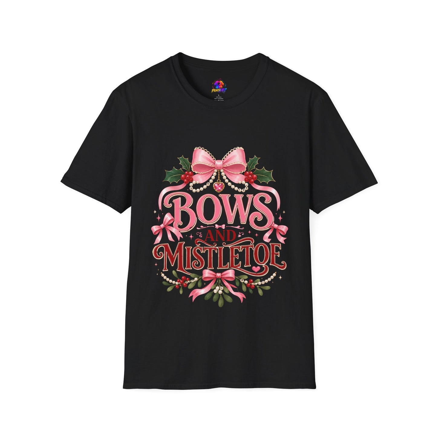 Bows and Mistletoe T-Shirt — Pink Holiday Bow Christmas Tee