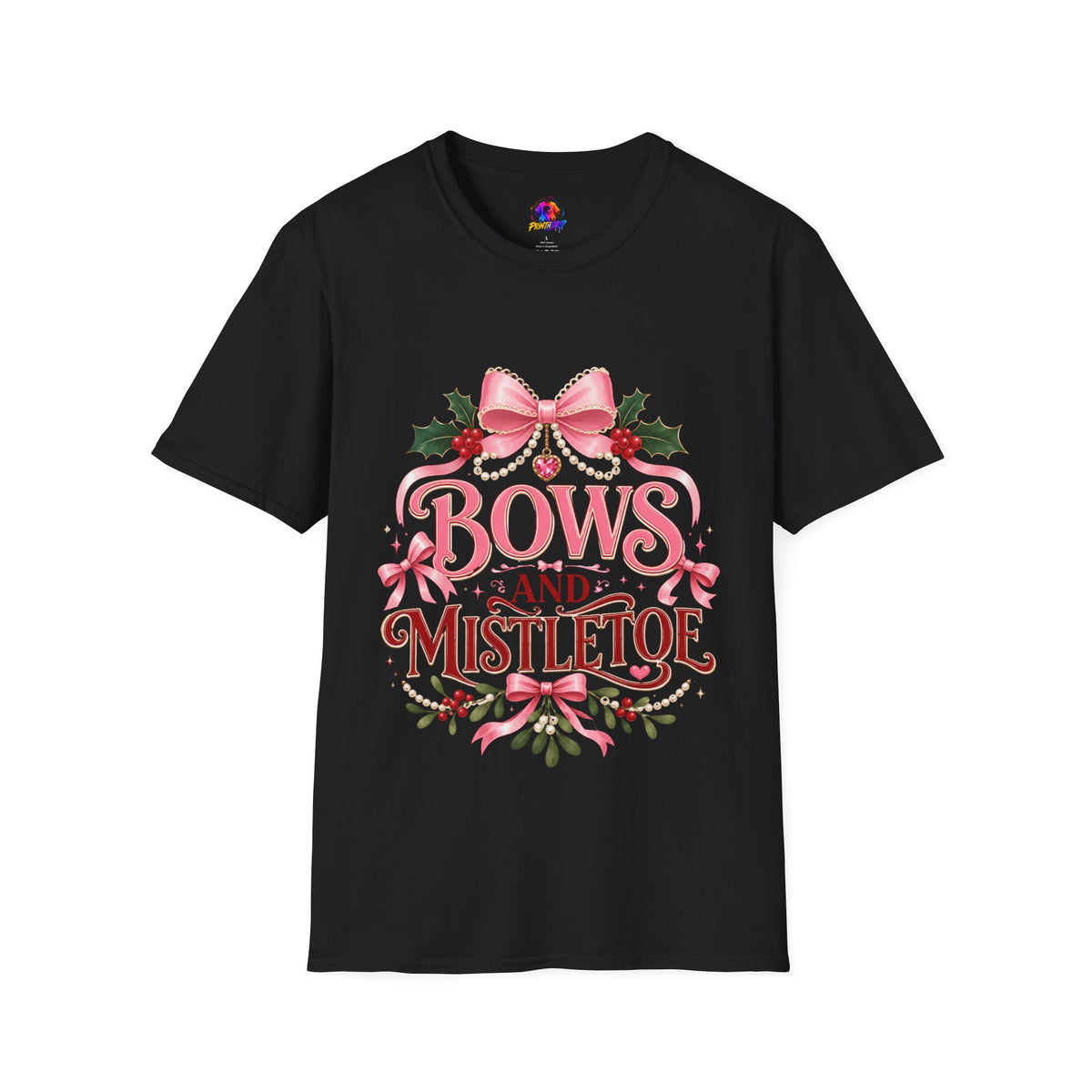Bows and Mistletoe T-Shirt — Pink Holiday Bow Christmas Tee