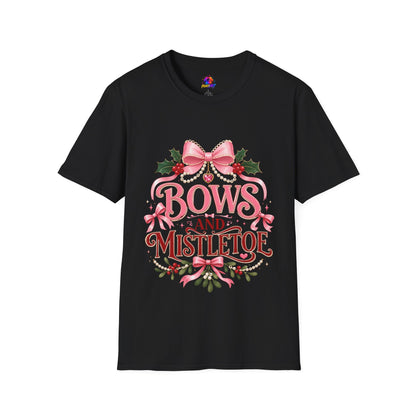 Bows and Mistletoe T-Shirt — Pink Holiday Bow Christmas Tee
