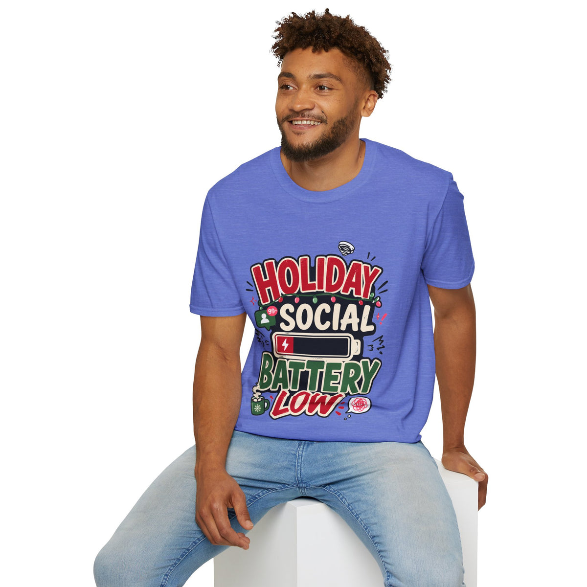 Holiday Social "Battery Low" T‑Shirt — Funny Festive Party Tee for Introverts & Holiday Gatherings