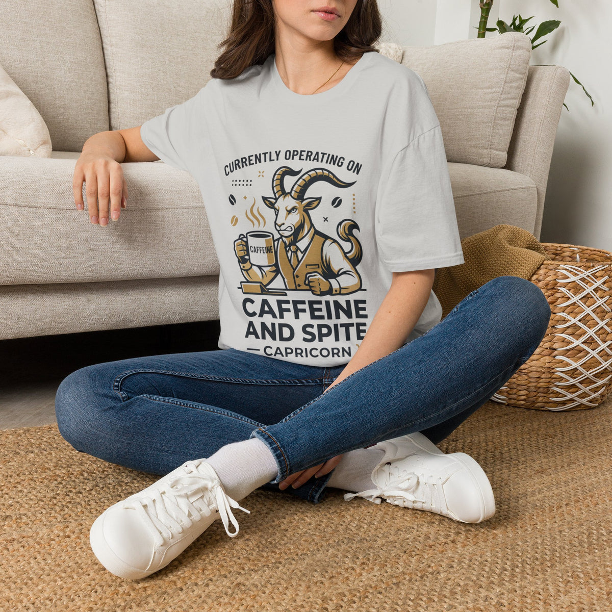 Capricorn T-Shirt — "Currently Operating on Caffeine and Spite" Zodiac Goat Tee