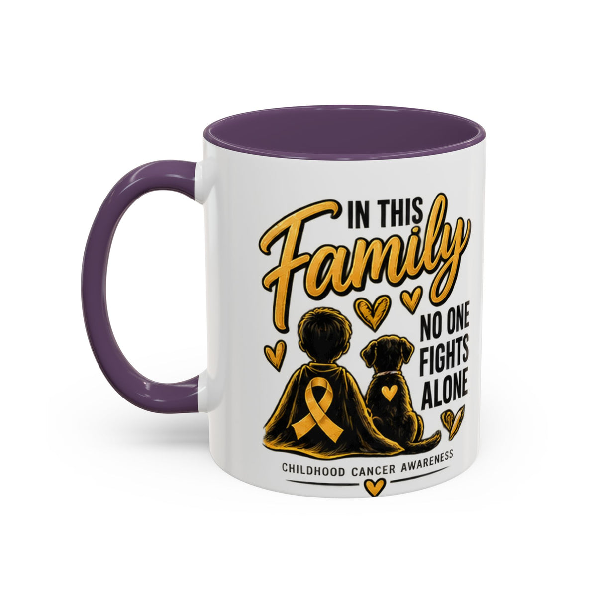 Childhood Cancer Awareness Accent Coffee Mug – "In This Family No One Fights Alone" (11/15oz)