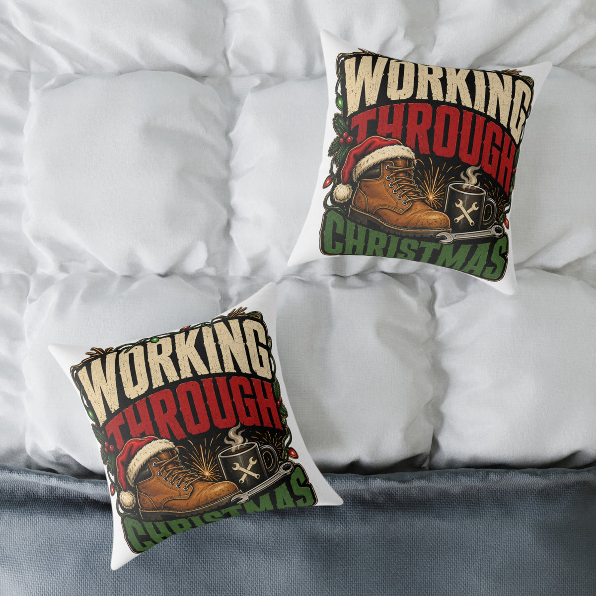 Working Through Christmas Modern Day Christmas Decorative Pillow — Holiday Boot & Coffee Throw Pillow