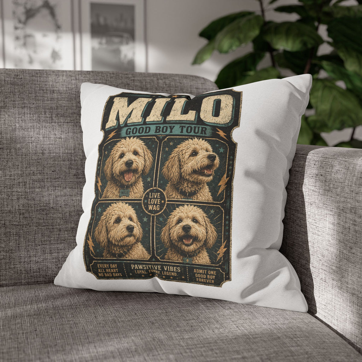 Milo "Good Boy Tour" Square Pillowcase — Cute Dog Portrait Decorative Pillowcase Milo Bailey Dog Dad Mom