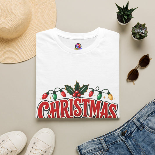 Christmas Crew T-Shirt — Festive Holiday Graphic Tee with Lights & Holly