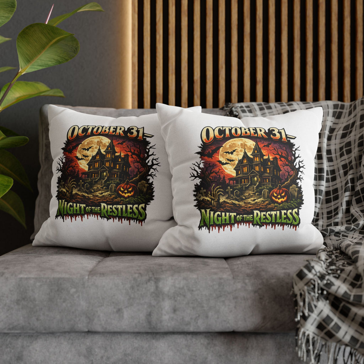 Halloween Pillowcase - "October 31 Night of the Restless" Haunted House Decorative Square Pillow Cover