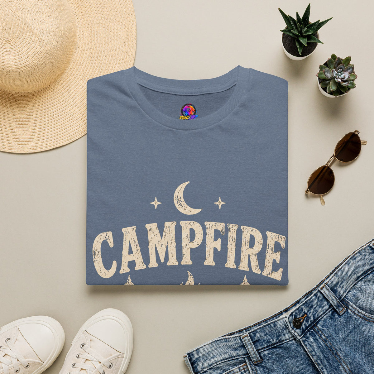 Campfire After Dark T-Shirt — Cozy Camping Moon & Trees Graphic