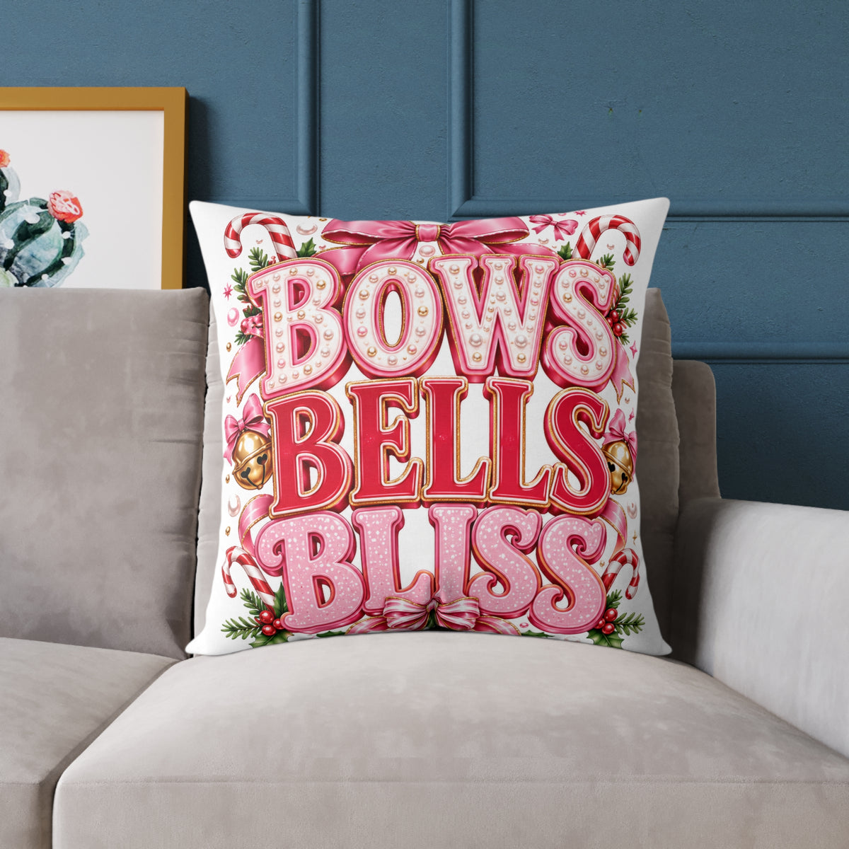 Bows Bells Bliss Modern Day Christmas Square Poly Canvas Pillow