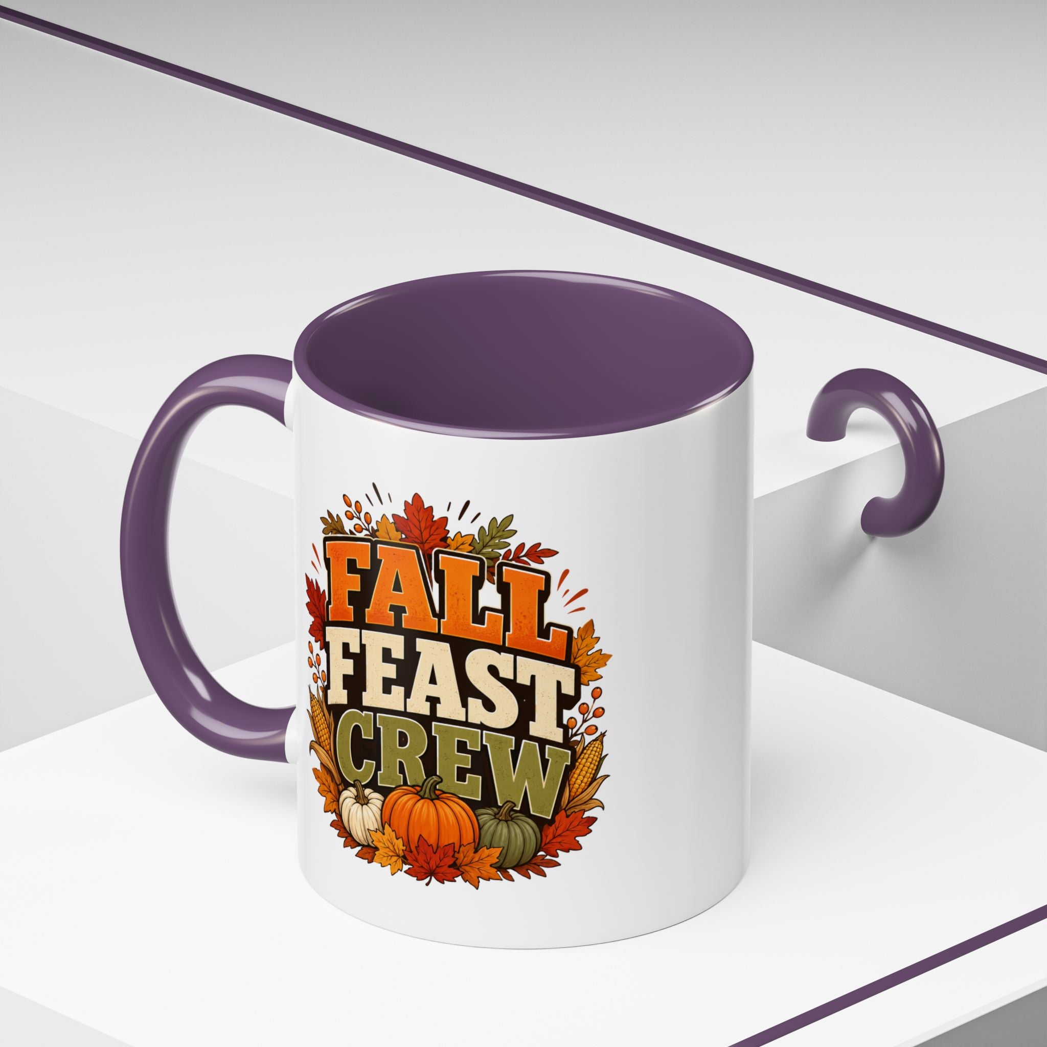 Thanksgiving Mug Fall Feast Crew Coffee Mug — Thanksgiving Pumpkin Autumn Leaves Accent Mug