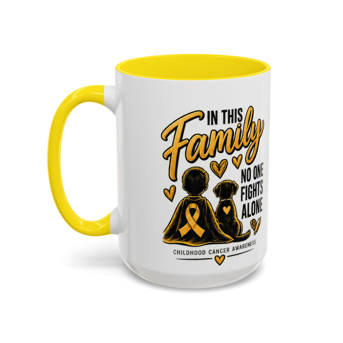 Childhood Cancer Awareness Accent Coffee Mug – "In This Family No One Fights Alone" (11/15oz)