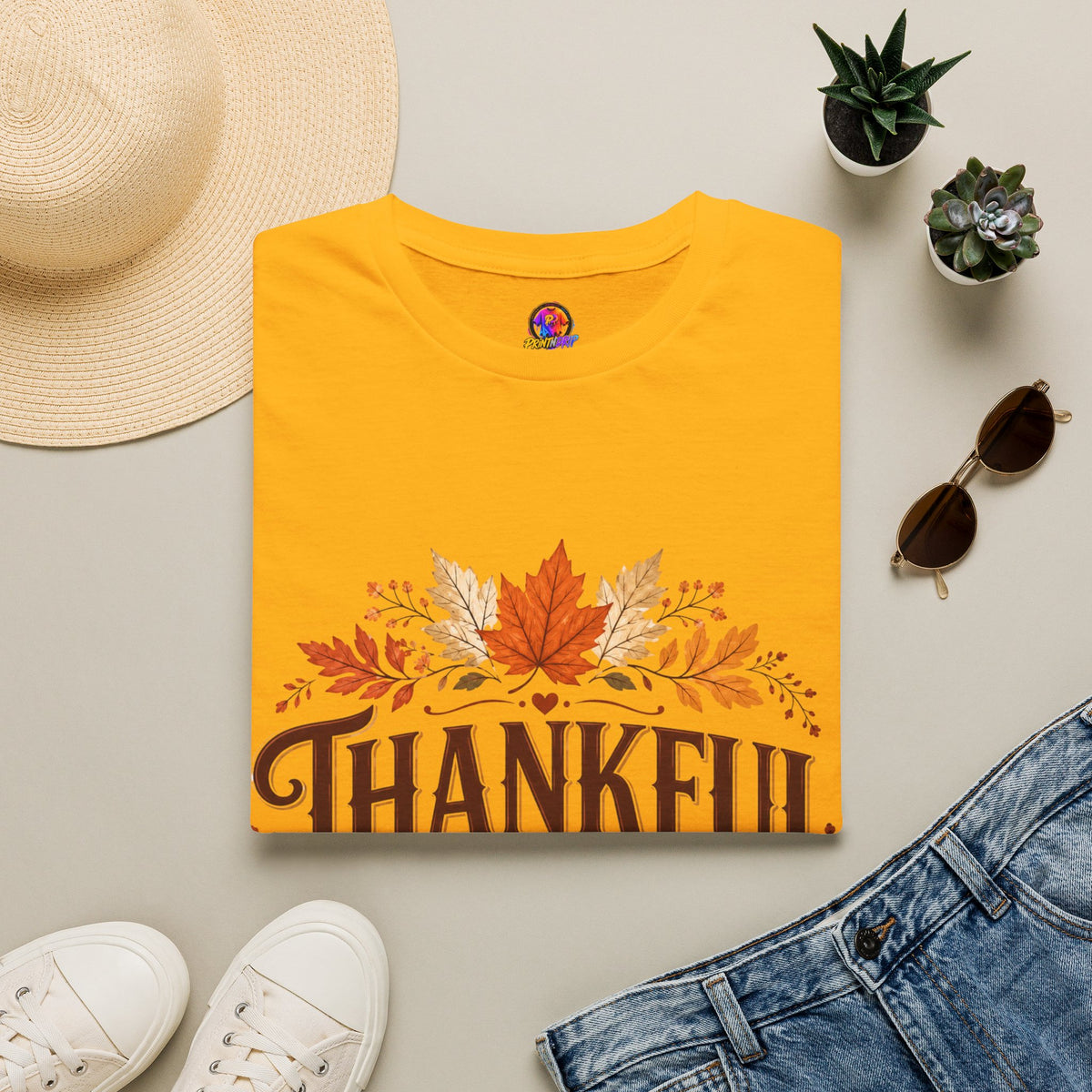 Thanksgiving T-Shirt Thankful Always T-Shirt — Autumn Leaves & Pumpkins Thanksgiving Tee