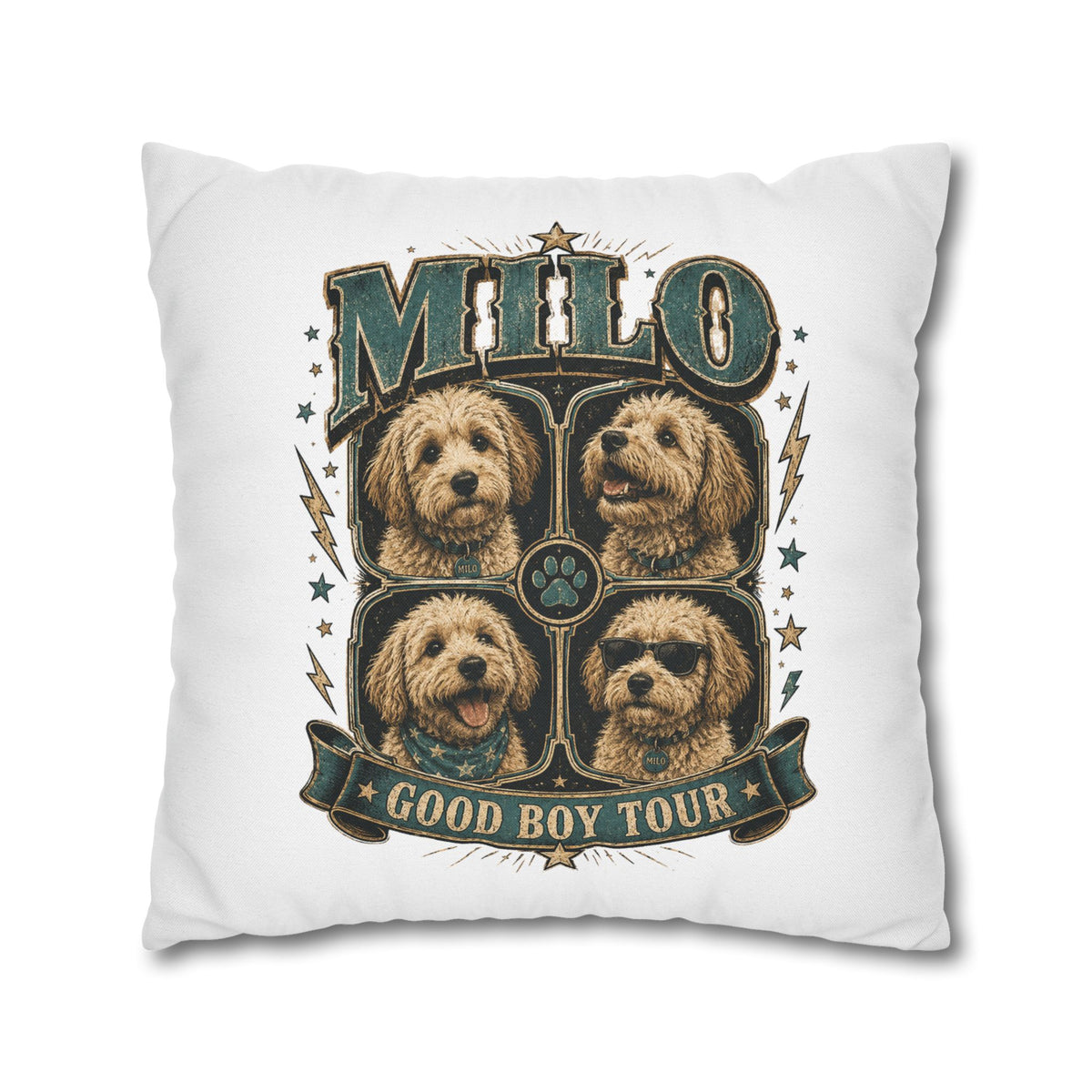 Milo "Good Boy Tour" Decorative Pillowcase — Dog Band Tour Poster Throw Pillowcase Milo Bailey Dog Dad Mom