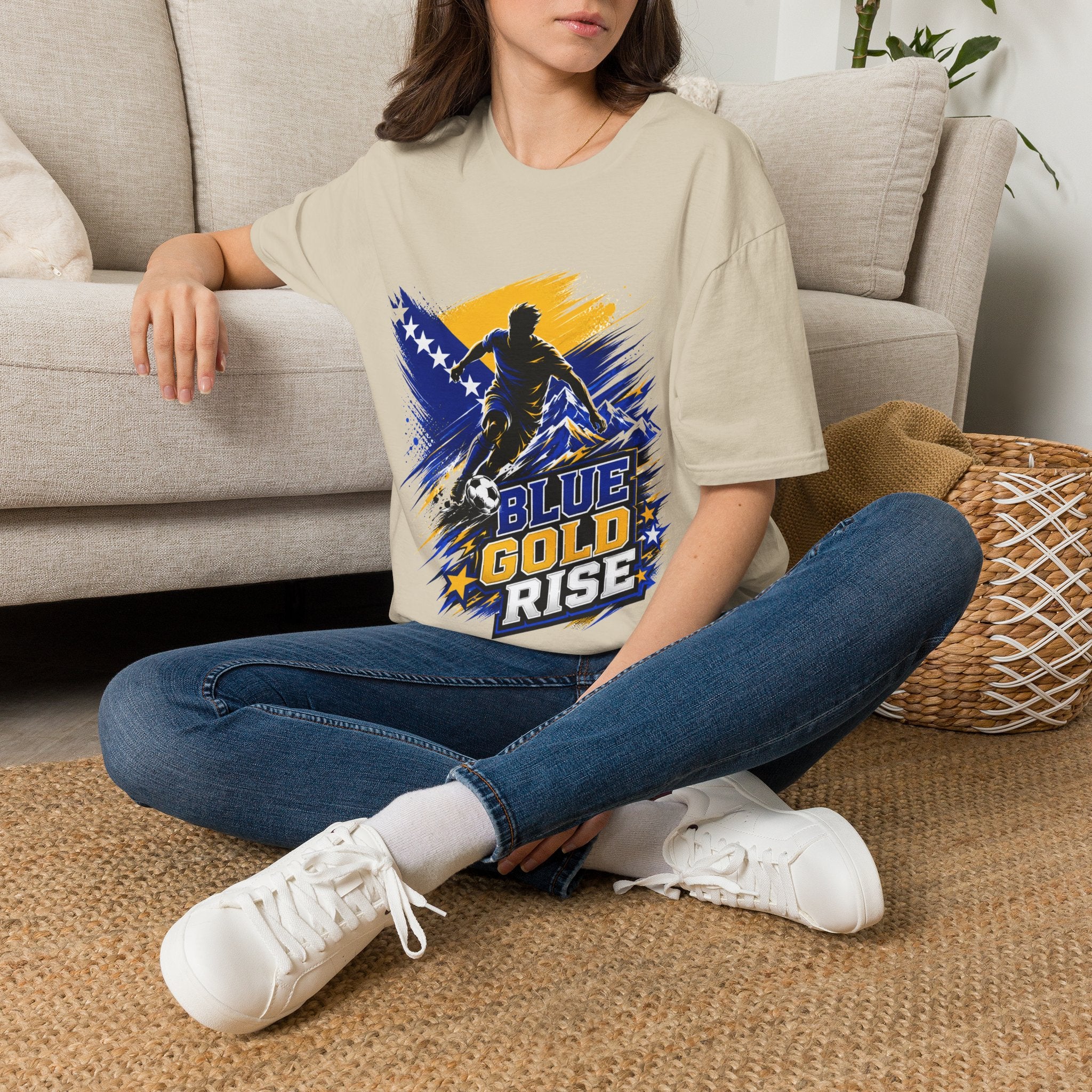 Bosnia Football T‑Shirt - "Blue Gold Rise" Soccer Graphic Tee