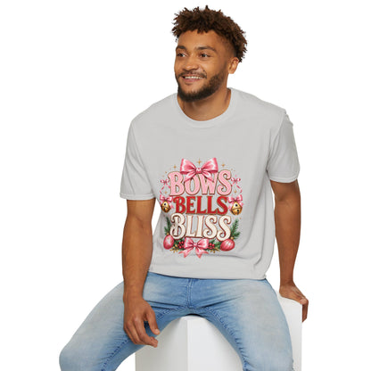 T-Shirt — "Bows Bells Bliss" Pink Holiday Graphic Tee