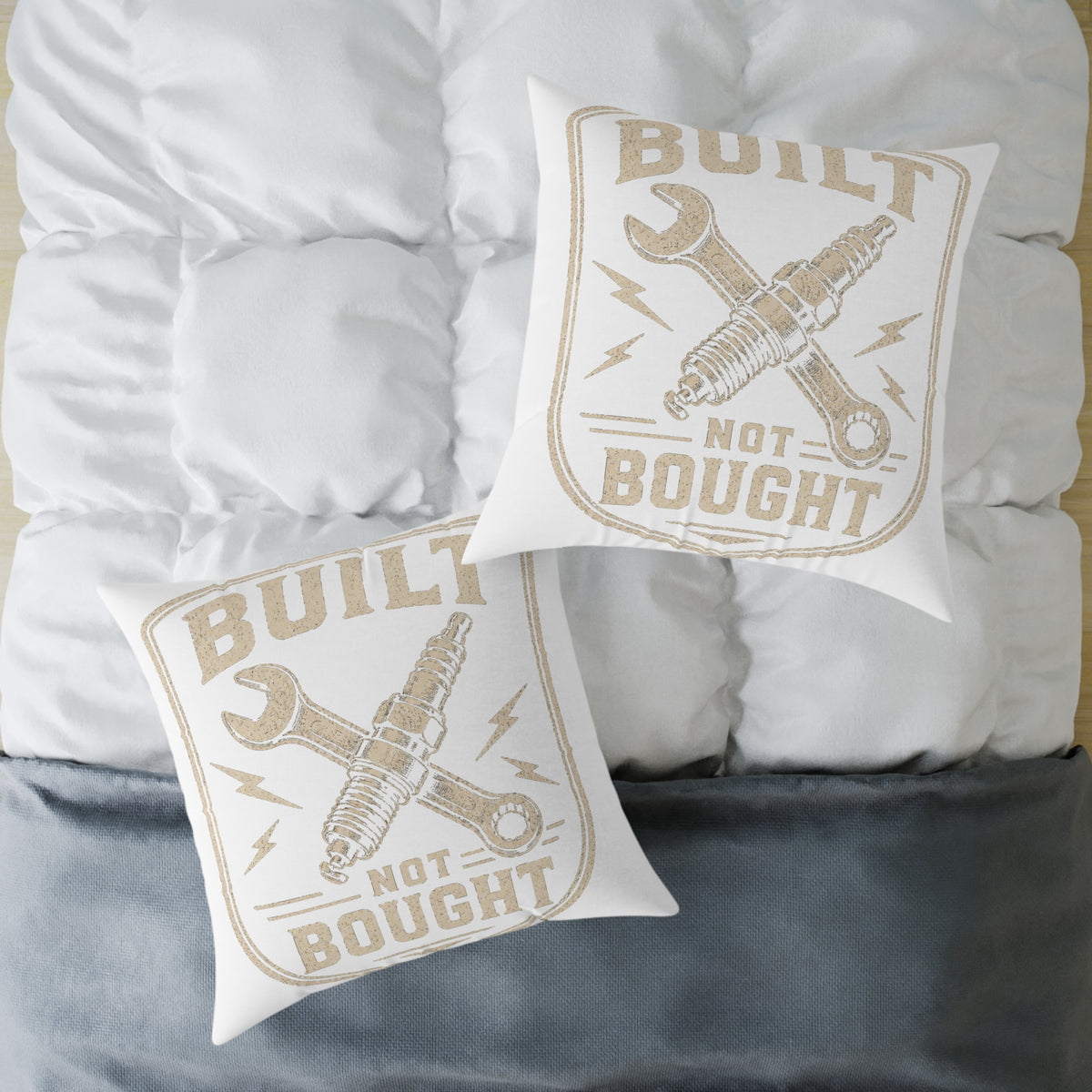 Built Not Bought Pillow Milo Bailey Dog Dad Mom — Automotive Wrench & Spark Plug Decorative Throw Pillow