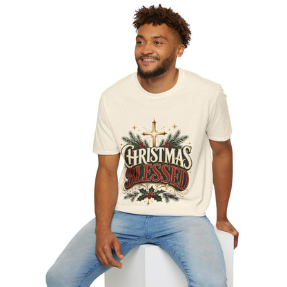 Christmas Blessed T-Shirt — Faith-Based Holiday Tee with Cross & Pine Design