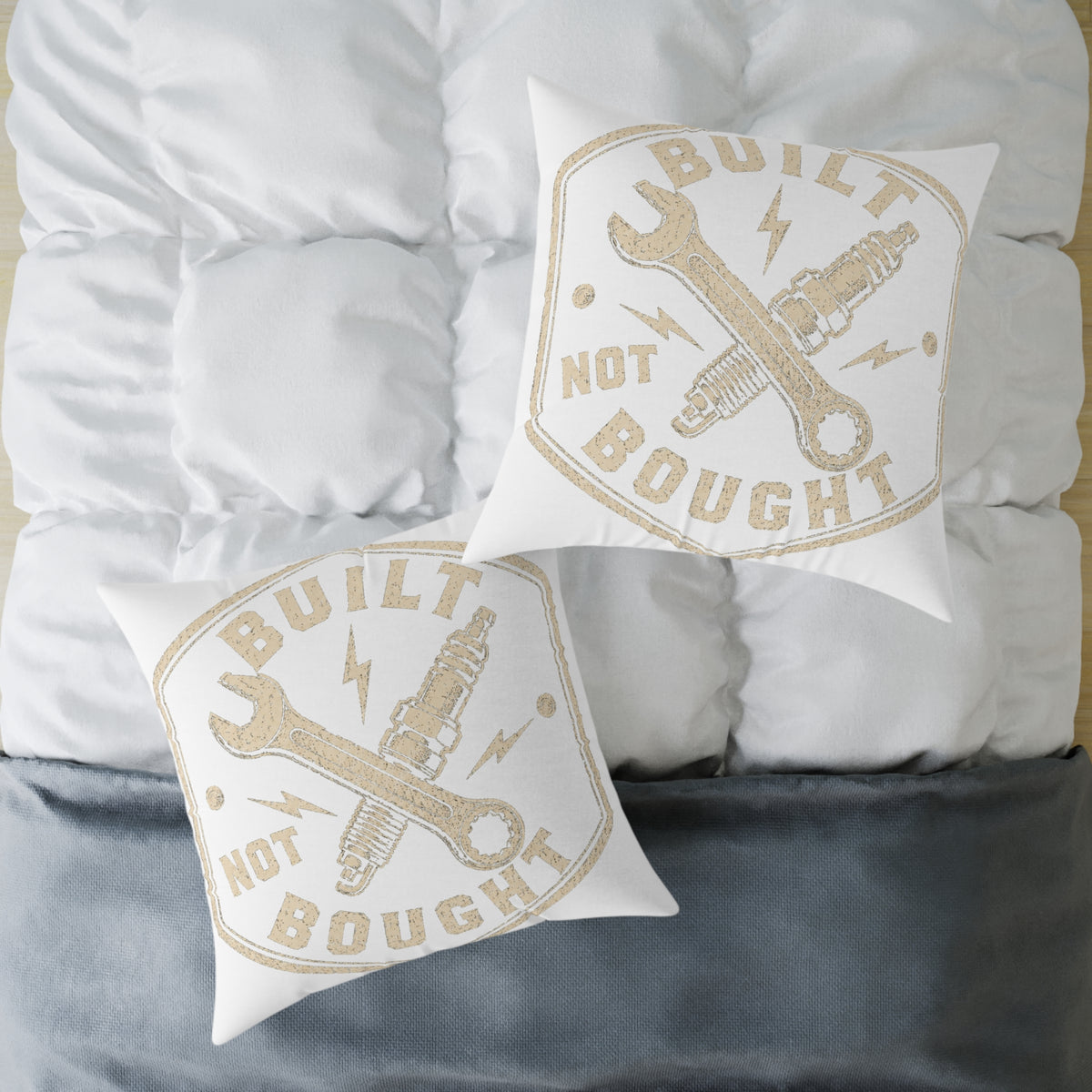 Built Not Bought Square Pillow Milo Bailey Dog Dad Mom— Mechanic Wrench & Spark Plug Decor