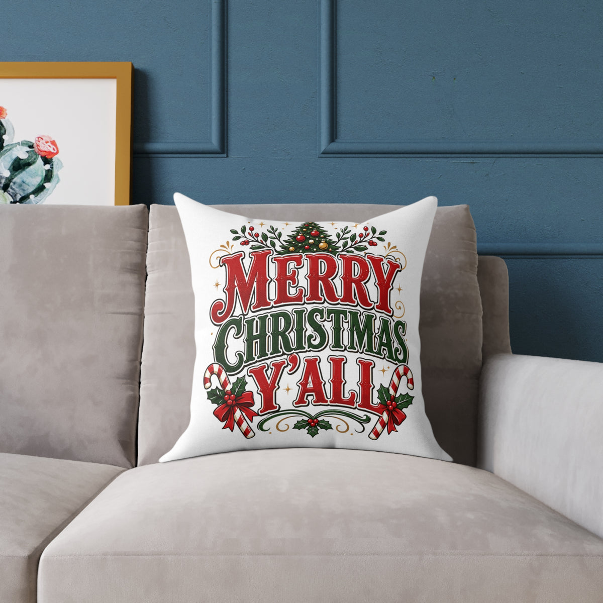 Merry Christmas Y'all Pillow — Festive Holiday Square Throw Pillow