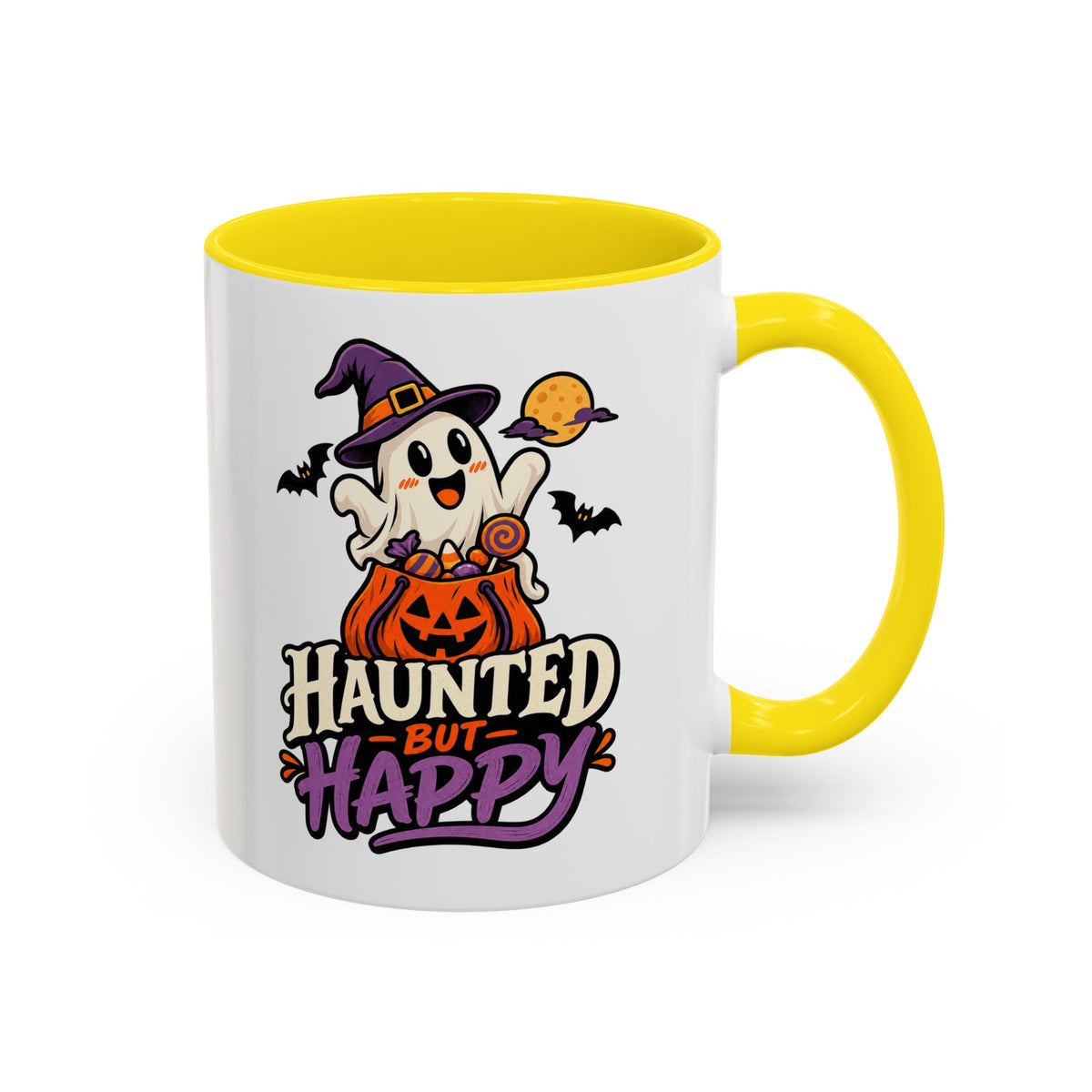 Haunted But Happy Coffee Mug — Halloween Ghost Pumpkin Accent Mug (11/15oz)