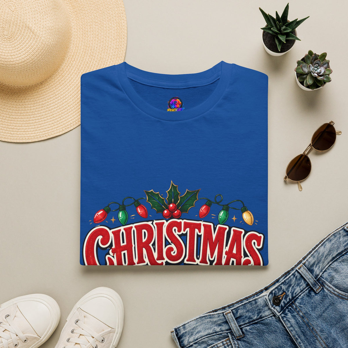 Christmas Crew T-Shirt — Festive Holiday Graphic Tee with Lights & Holly