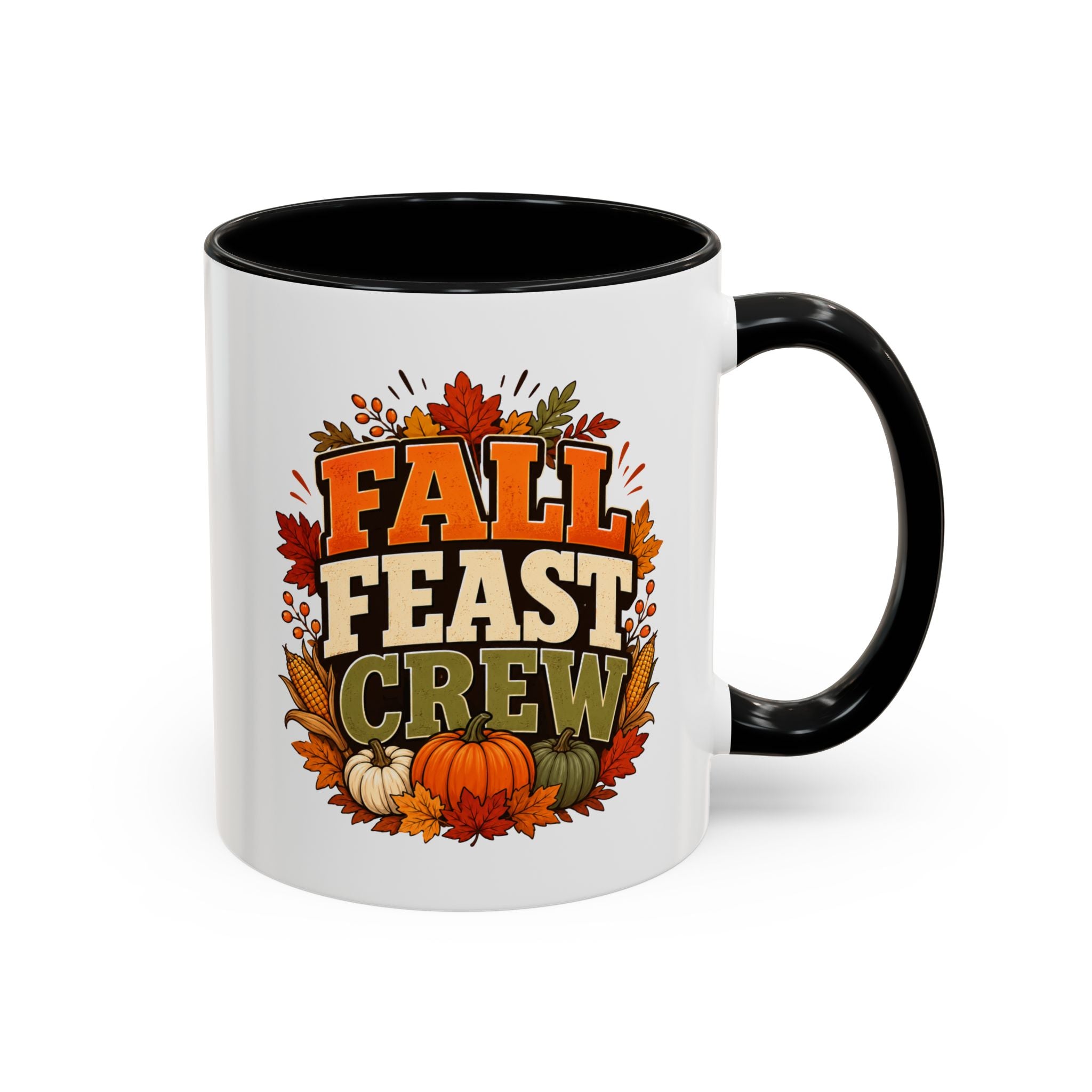 Thanksgiving Mug Fall Feast Crew Coffee Mug — Thanksgiving Pumpkin Autumn Leaves Accent Mug