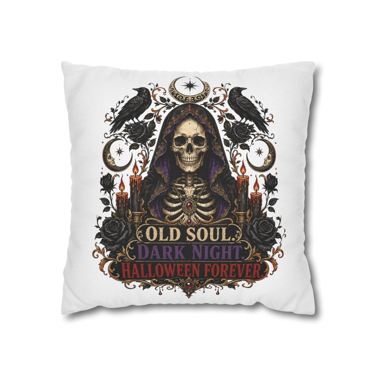 Halloween Skull Pillowcase — "Old Soul Dark Night" Spun Polyester Square Pillow