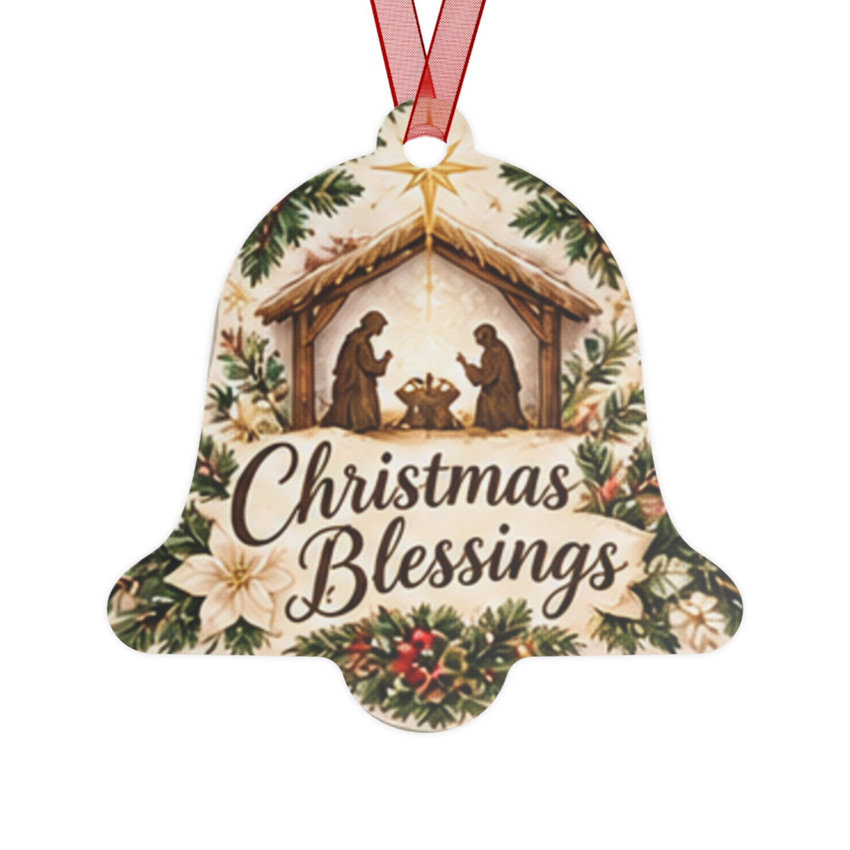 Christmas Blessings Metal Ornament — Nativity Bell Holiday Decoration