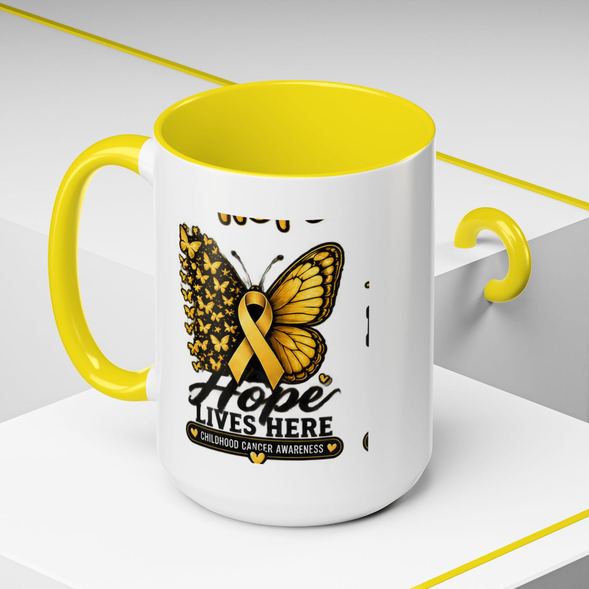 Children’s Cancer Awareness Accent Coffee Mug — "Hope Lives Here" (11/15oz)