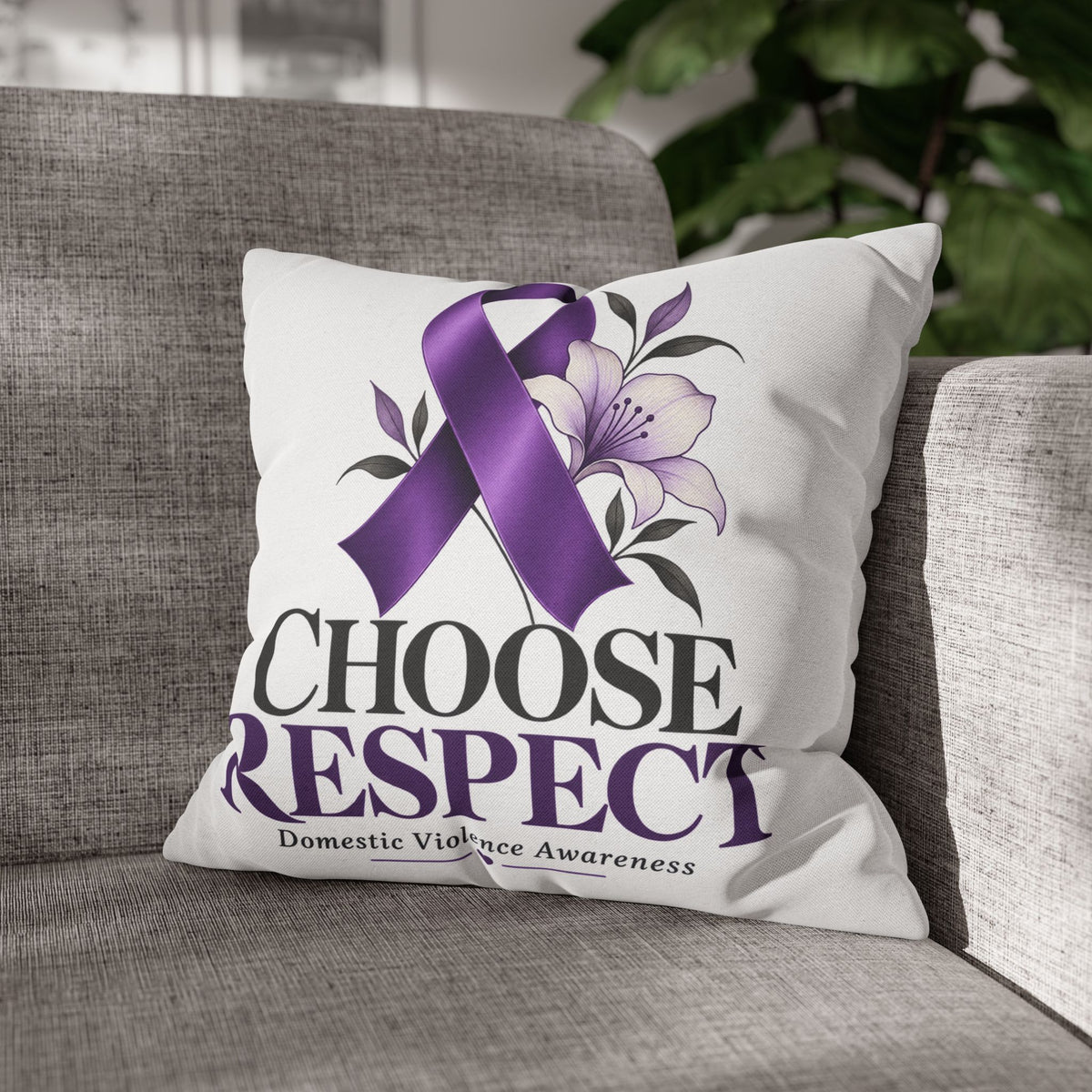 Choose Respect Purple Ribbon Pillowcase — Domestic Violence Awareness Decorative Throw Pillow