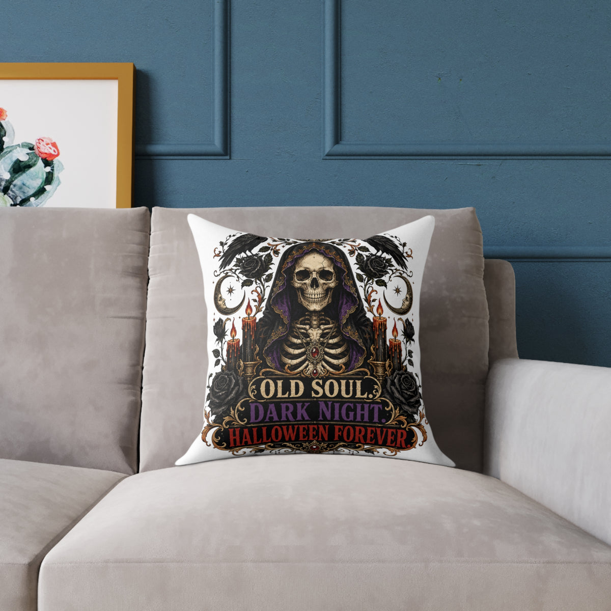 Halloween Skull Pillow — "Old Soul, Dark Night" Decorative Cushion