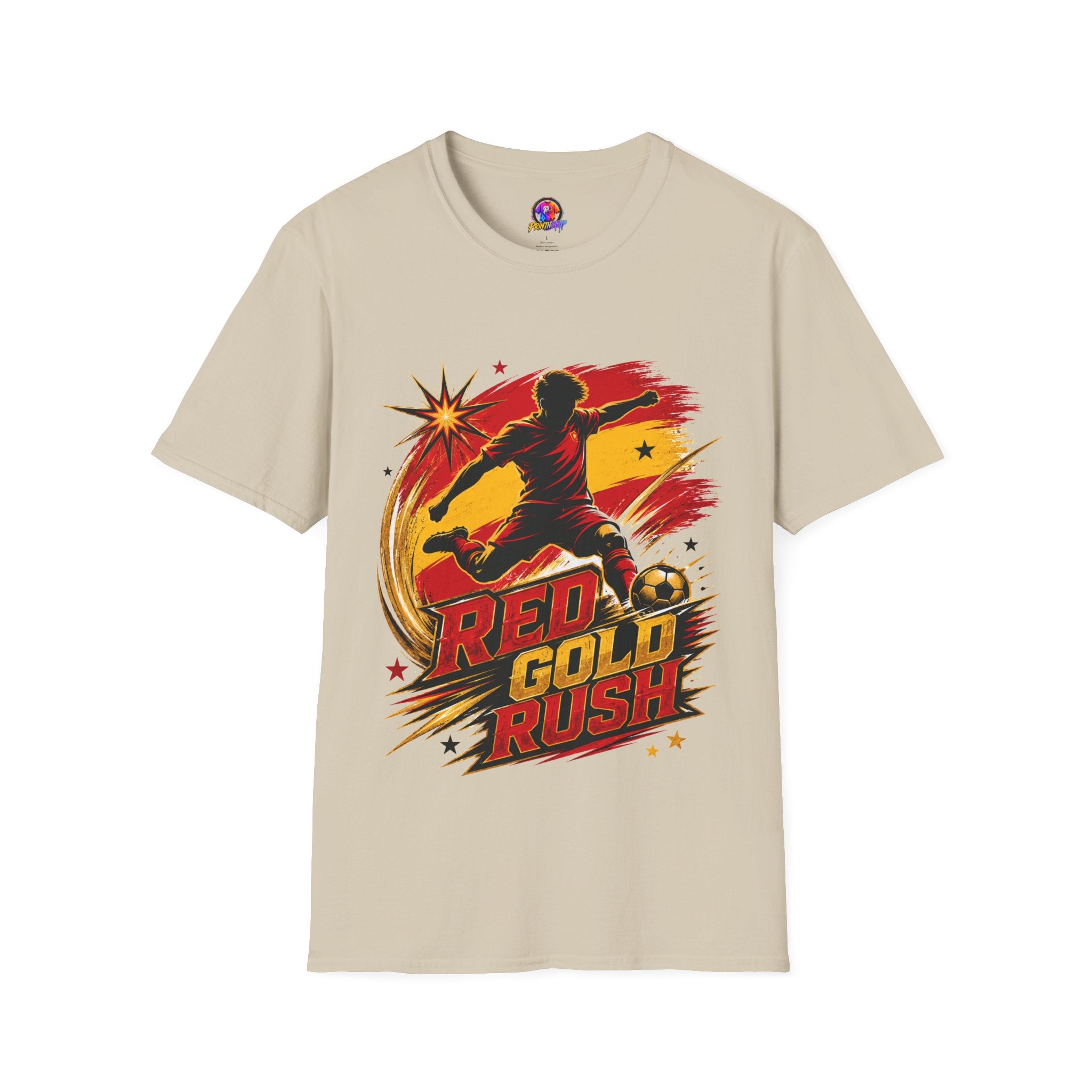 Spain Red & Gold Rush Soccer T-Shirt — Retro Soccer Player Graphic