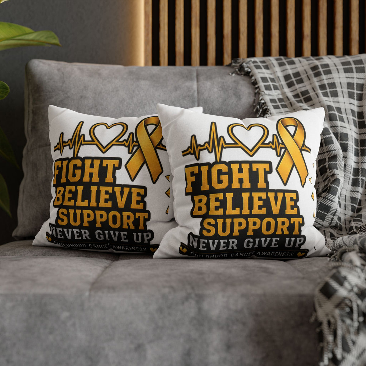 Childhood Cancer Awareness Pillow — "Fight Believe Support Never Give Up" Gold Ribbon Decorative Throw Pillow