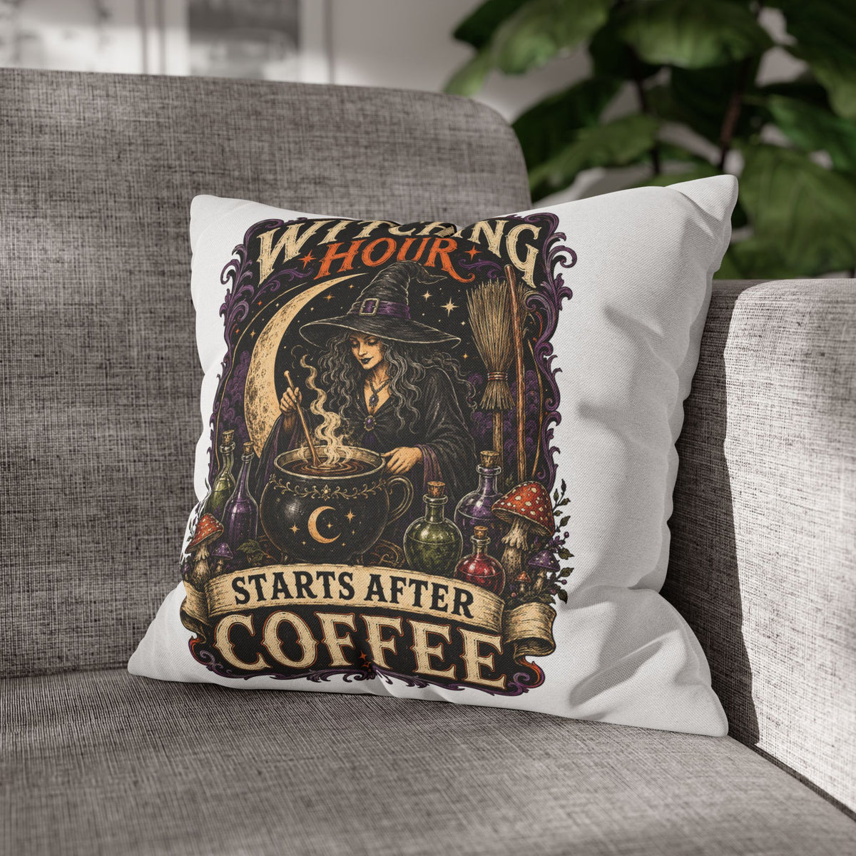Halloween Witching Hour Pillowcase — "Witching Hour Starts After Coffee" Gothic Witch Decor