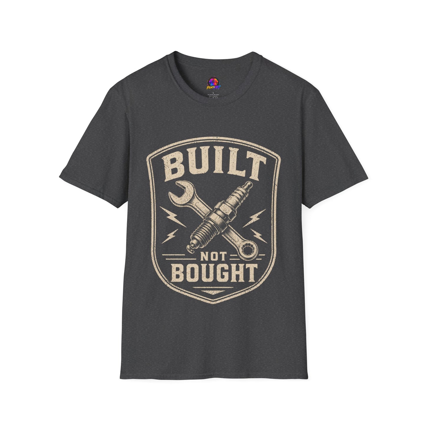 Built Not Bought T-Shirt — Vintage Mechanic Wrench & Spark Plug Design