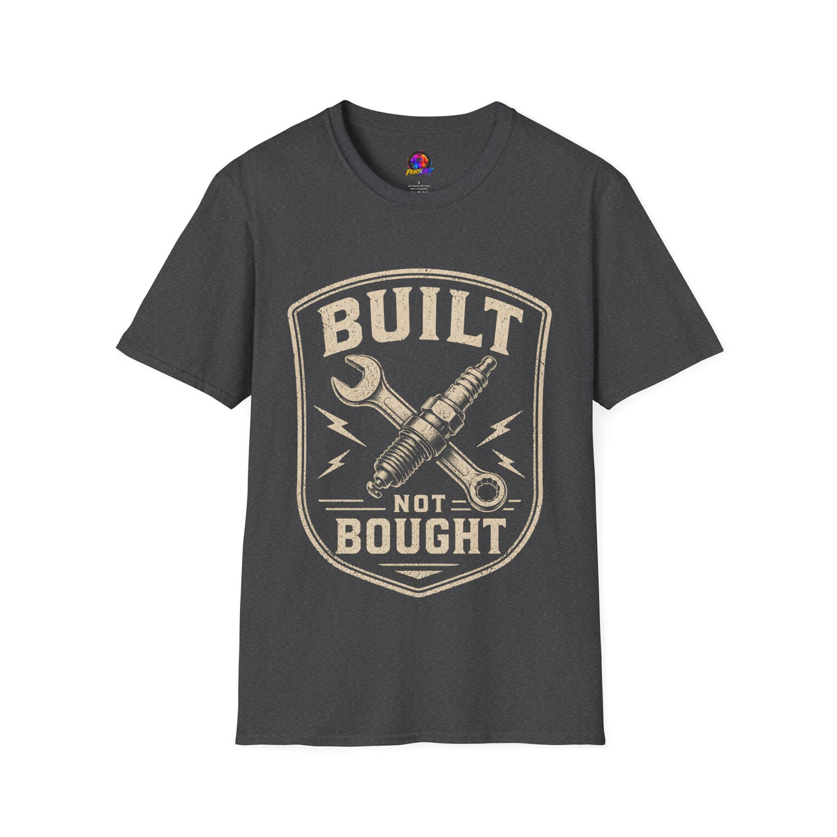 Built Not Bought T-Shirt — Vintage Mechanic Wrench & Spark Plug Design