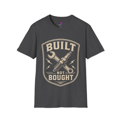 Built Not Bought T-Shirt — Vintage Mechanic Wrench & Spark Plug Design