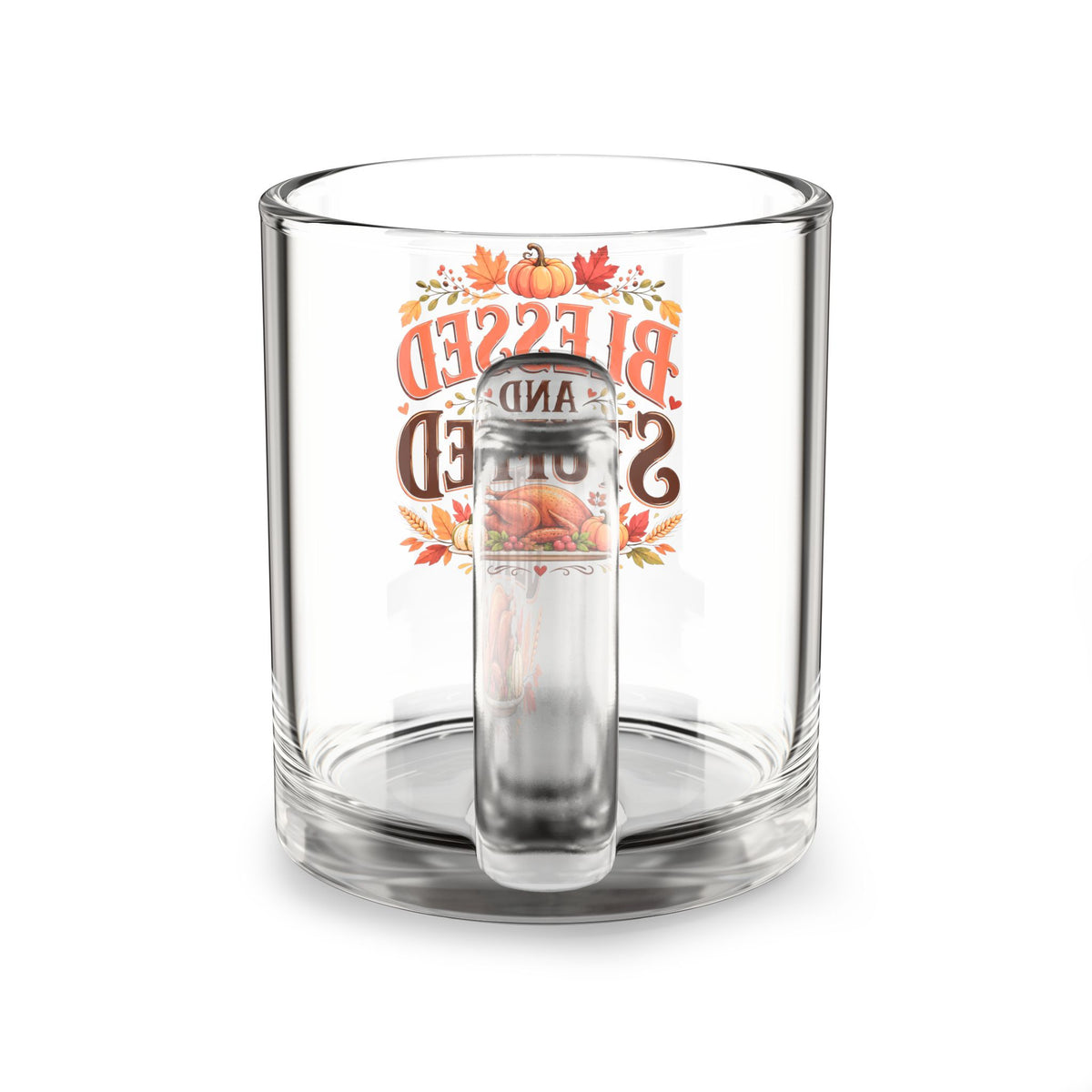 Blessed and Stuffed Glass Mug — Thanksgiving Turkey & Pumpkin Holiday Coffee Cup, 10 oz