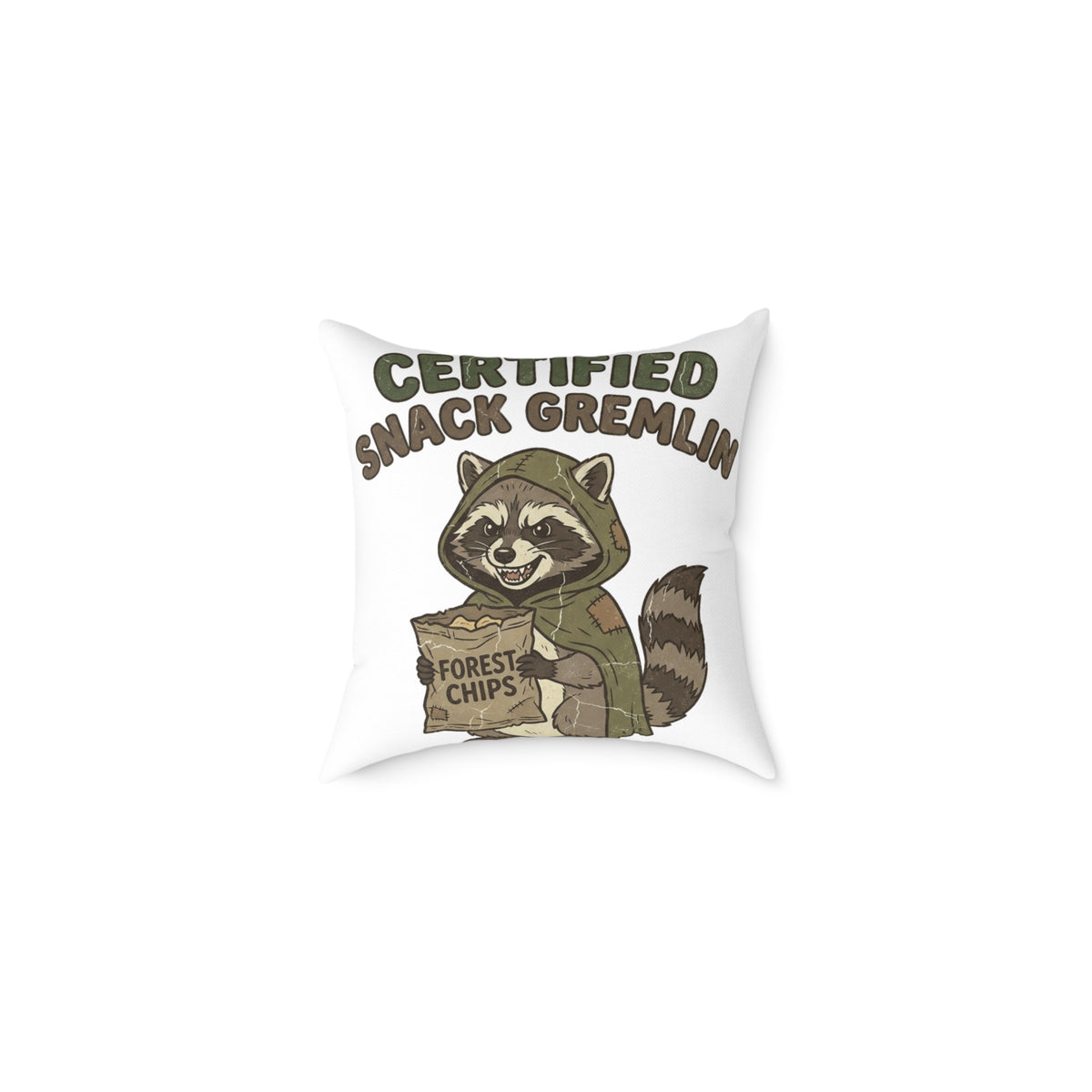 Funny Certified Snack Gremlin Raccoon Pillow — Cute Animal Snack Lover Throw Pillow