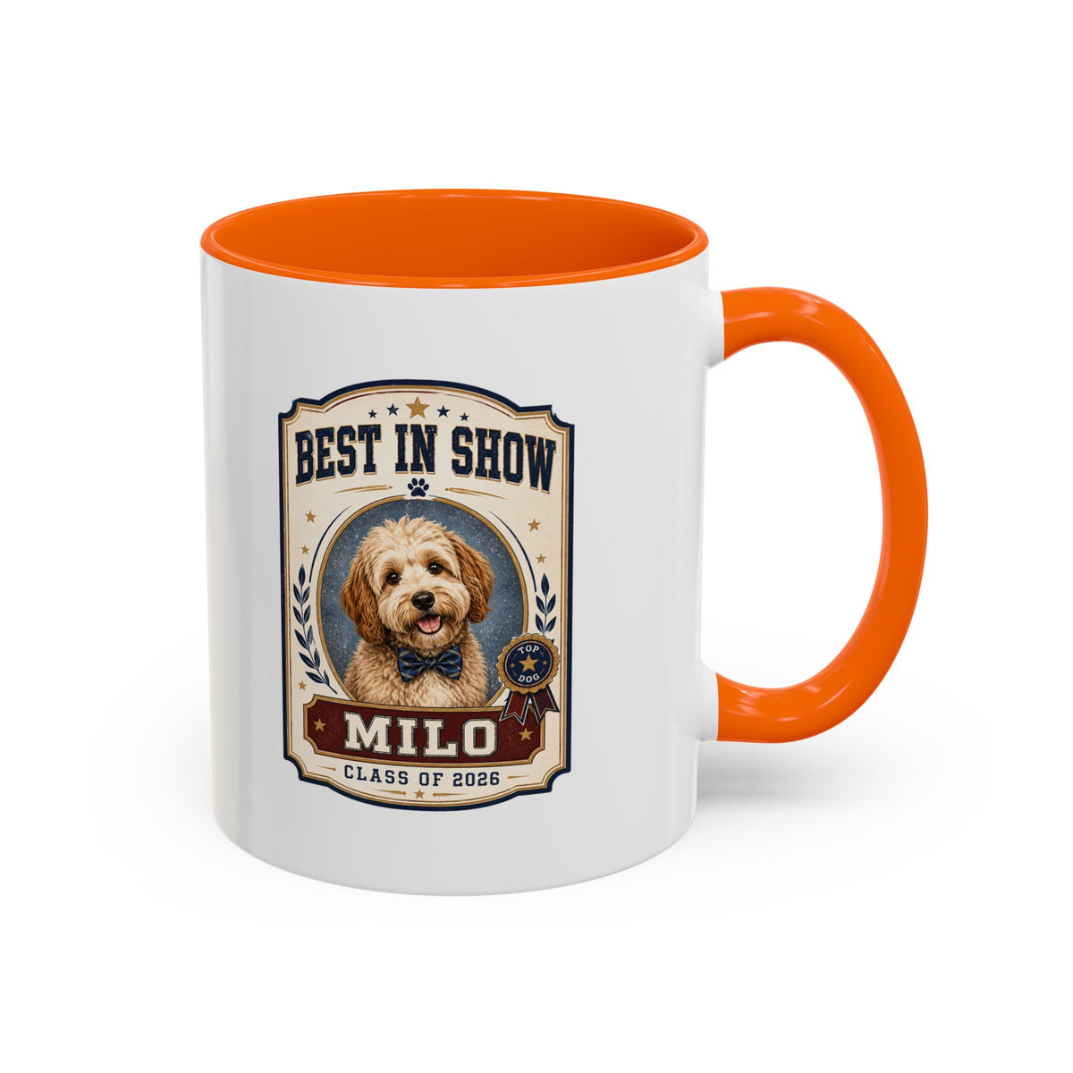 Milo Bailey Dog Dad Mom Best in Show Personalized Dog Mug — "Milo" Class of 2028 Accent Coffee Mug