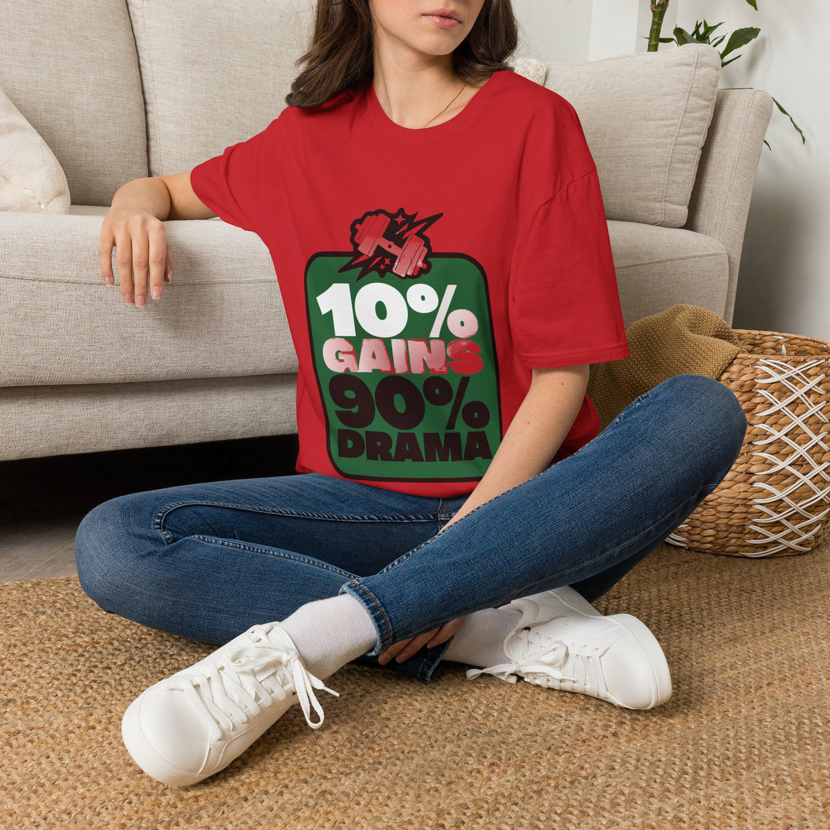 10% Gains 90% Drama Green Badge T-Shirt - Retro Gym Block Graphic Tee - Trending Now - September 2026