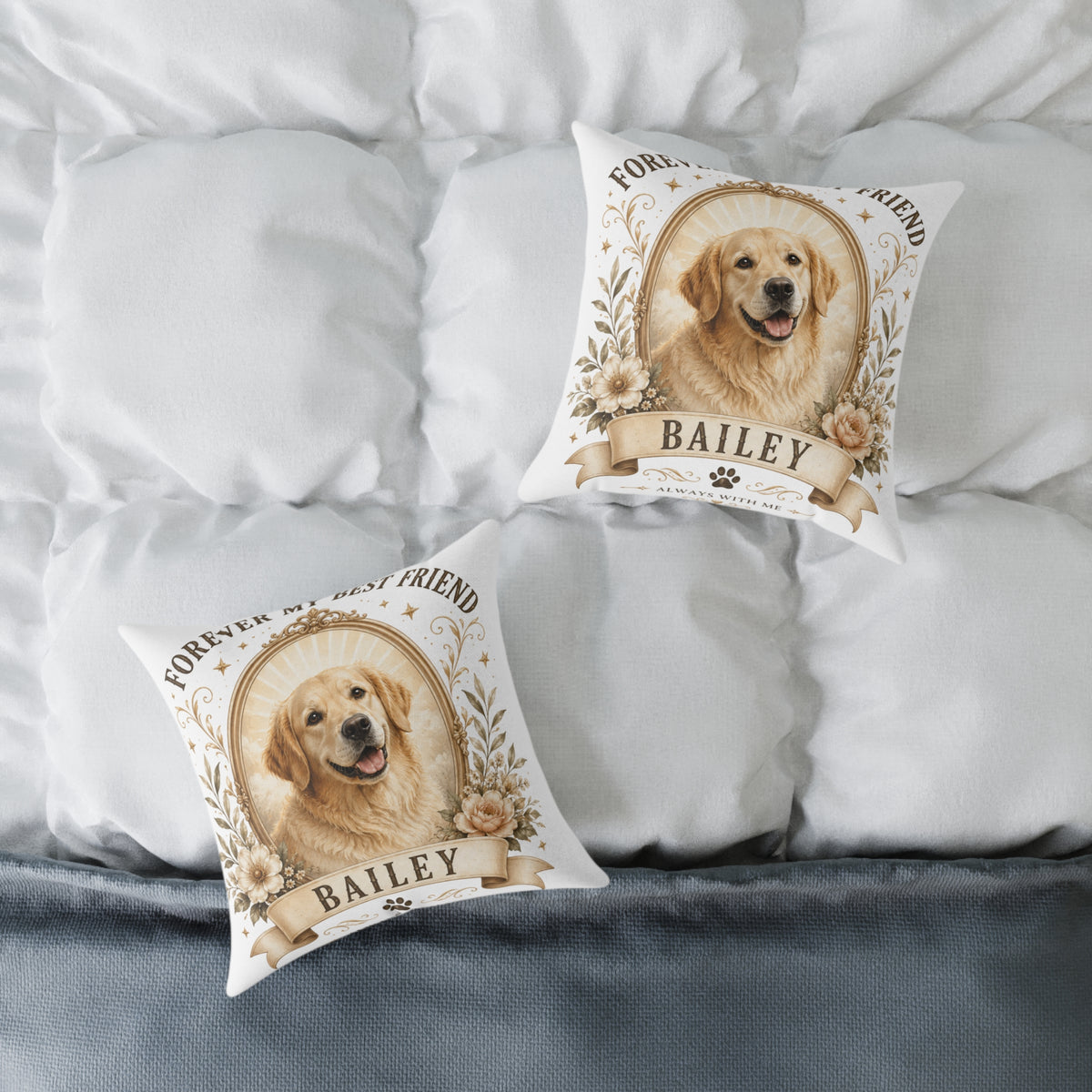 Pet Memorial Pillow Milo Bailey Dog Dad Mom— Personalized "Bailey" Golden Retriever Tribute Square Pillow