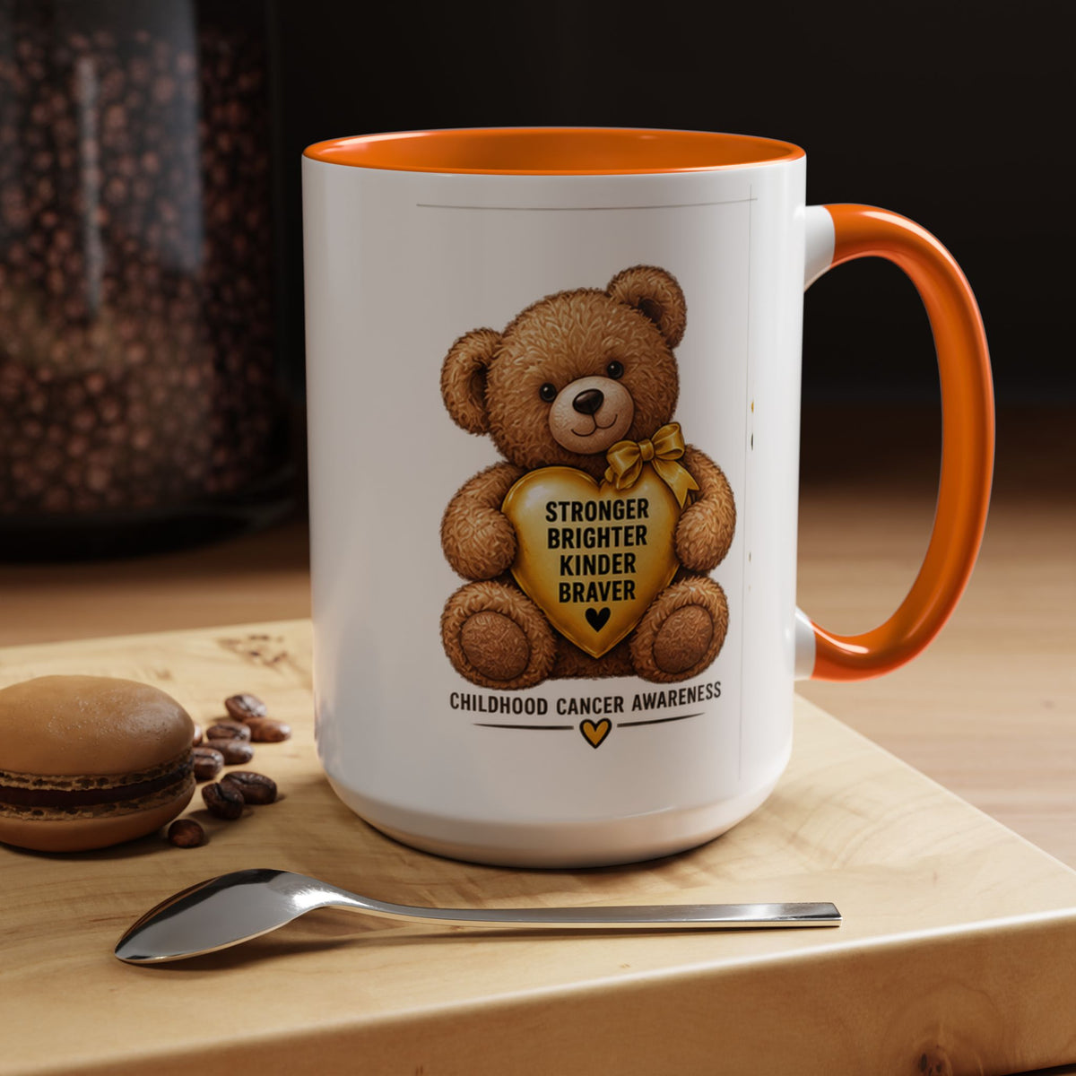 Childhood Cancer Awareness Coffee Mug — 'Stronger Brighter Kinder Braver' Teddy