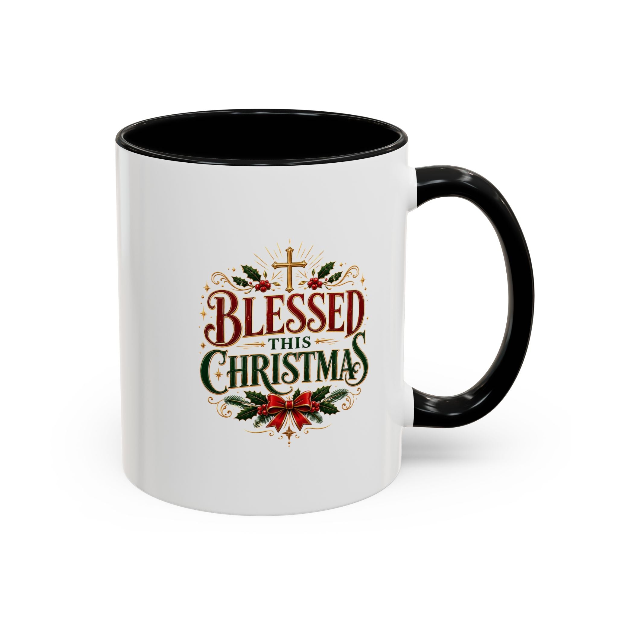 Blessed This Christmas Accent Coffee Mug – Holiday Religious Poinsettia Coffee Cup