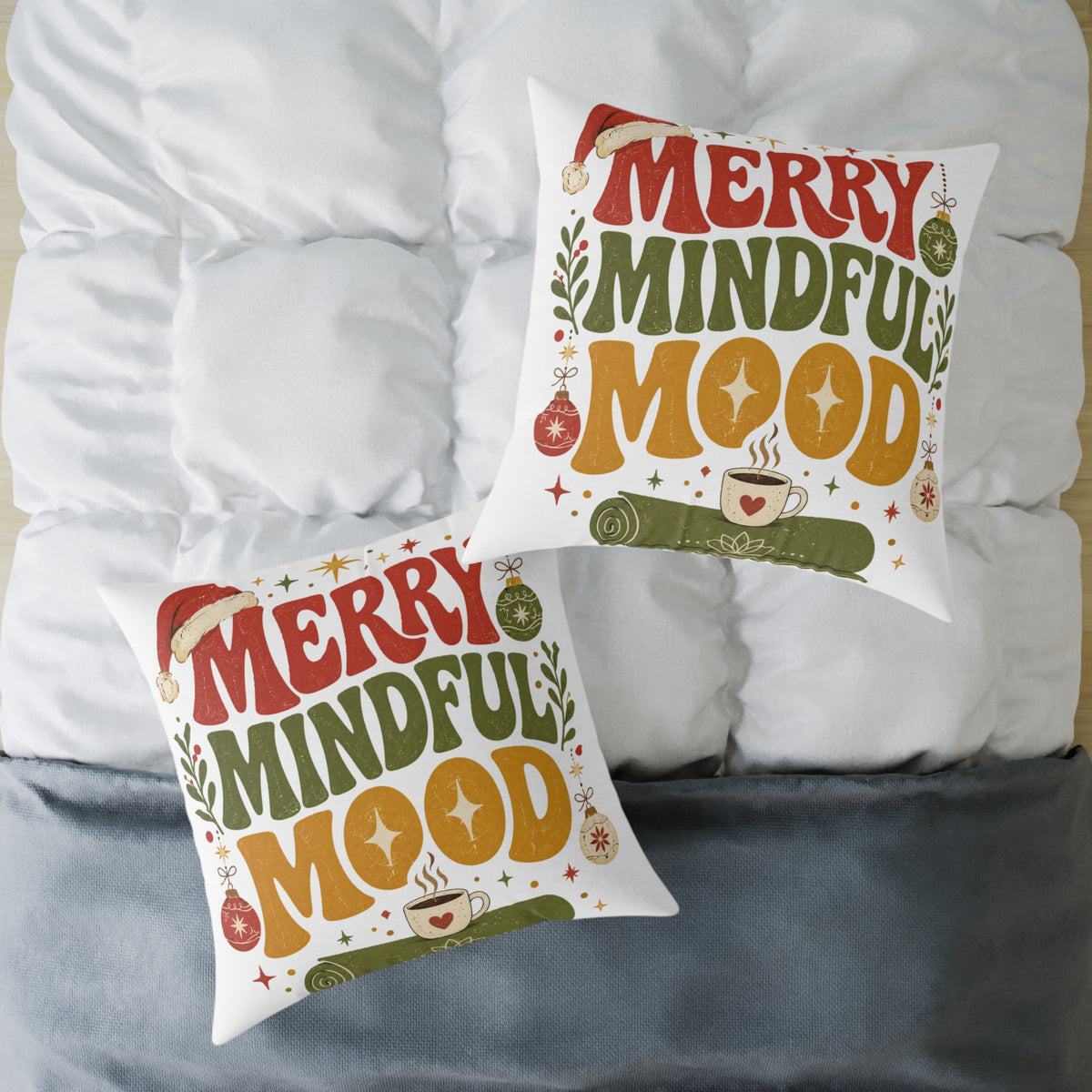 Merry Mindful Mood Holiday Modern Day Christmas Pillow — Festive Christmas Decorative Square Throw Cushion