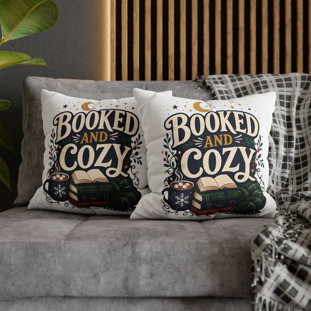 Booked and Cozy Square Pillowcase Modern Day Christmas — Booklover Decorative Throw Pillow Cover