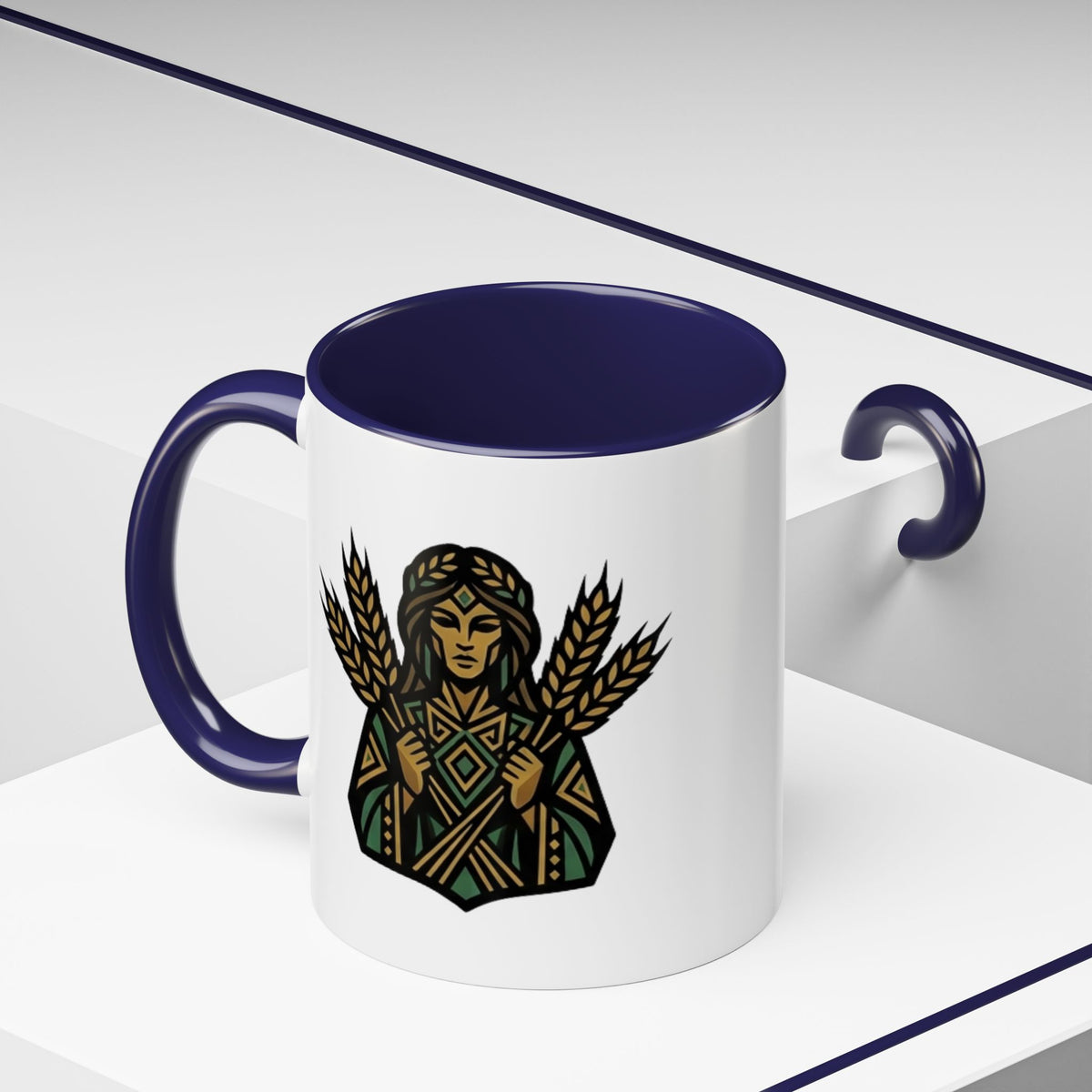 Virgo Zodiac Harvest Goddess Accent Coffee Mug — Rustic Wheat & Earthy Green Tribal Design