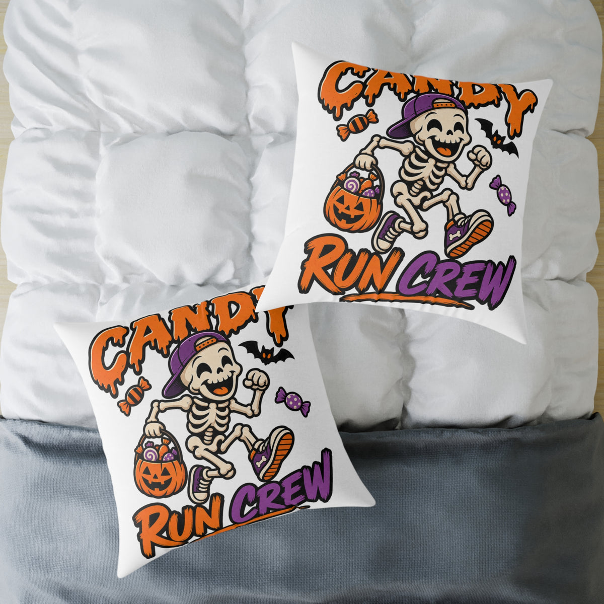Candy Run Crew Halloween Pillow — Skeleton Trick-or-Treat Decorative Throw Pillow